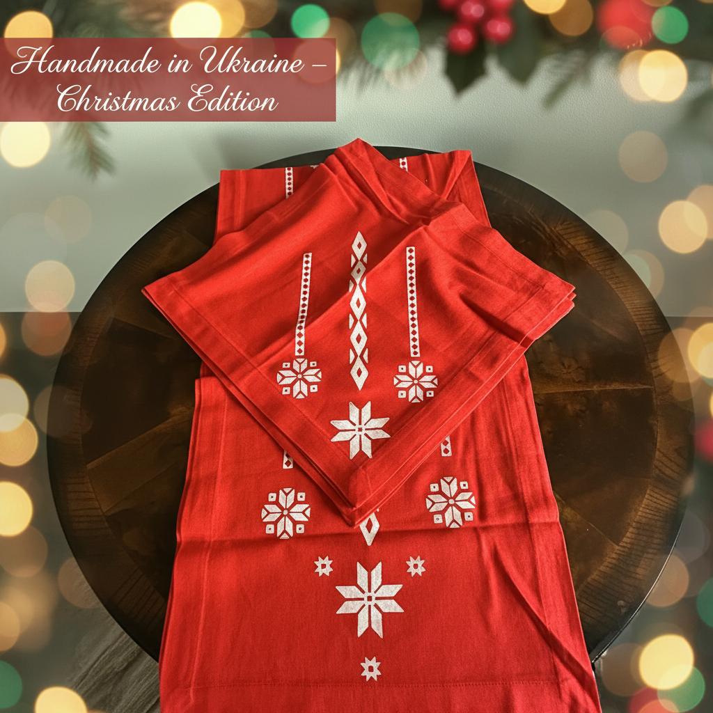 Red Linen Stars & Flowers Rushnyk