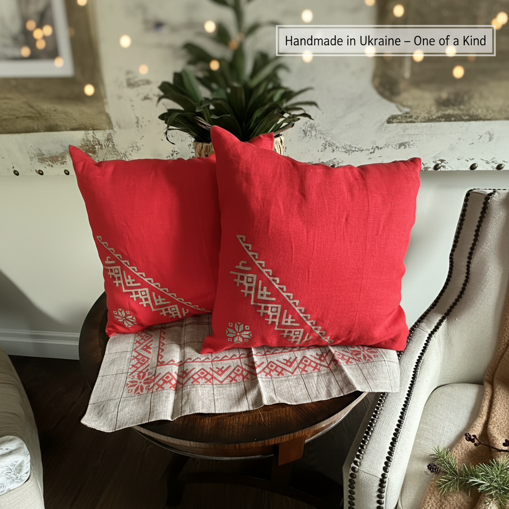 Vibyka Red Linen Pillow & Rectangle Table Runner