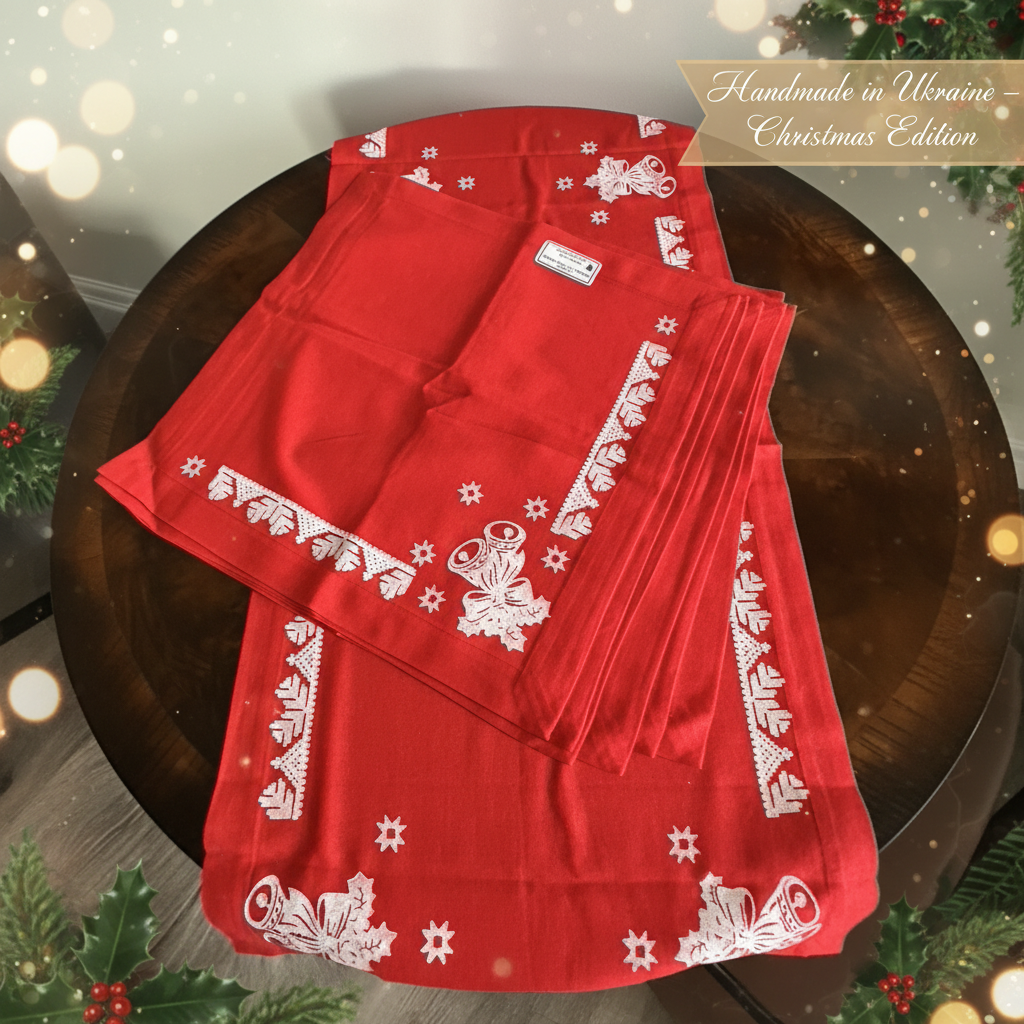 Red Linen Christmas Bells Runner & 6 Napkin Set